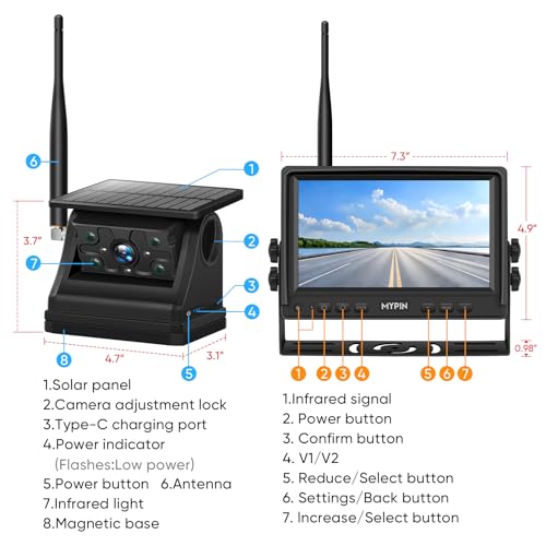 Solar Wireless Magnetic Backup Camera with 7 Inch 1080P Monitor System