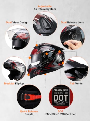 Modular Motorcycle Helmets Full Face Flip up Street Bike Motorcycle Helmet for Unisex Adult Red