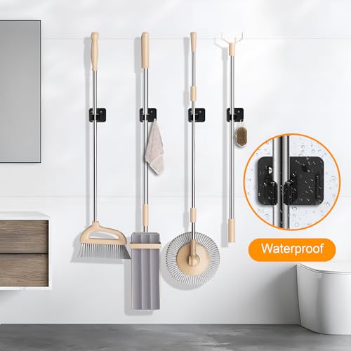 4 Pack Stainless Steel Heavy Duty Broom Holder Wall Mount with Hook (4 Count)