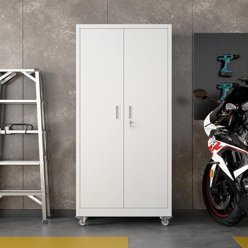 71" White Metal Storage Cabinet with Wheels
