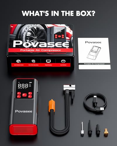 Tire Inflator Portable Air Compressor Povasee 150PSI Portable Air Pump for Tires Cordless Car Tire Inflator with LCD Display
