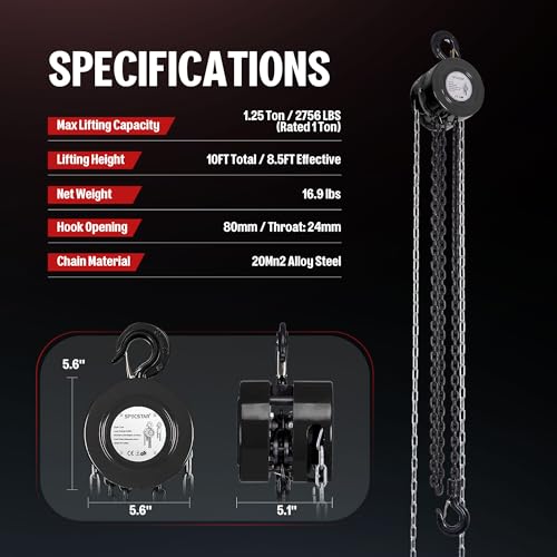 Hand Chain Hoist 1 Ton 2200 Lbs Capacity 10 Feet with 2 Hooks