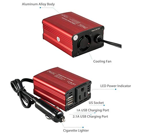 150W Car Power Inverter 12V DC to 110V AC Converter Vehicle Adapter Plug Outlet with 3.1A Dual USB Car Charger for Laptop Computer