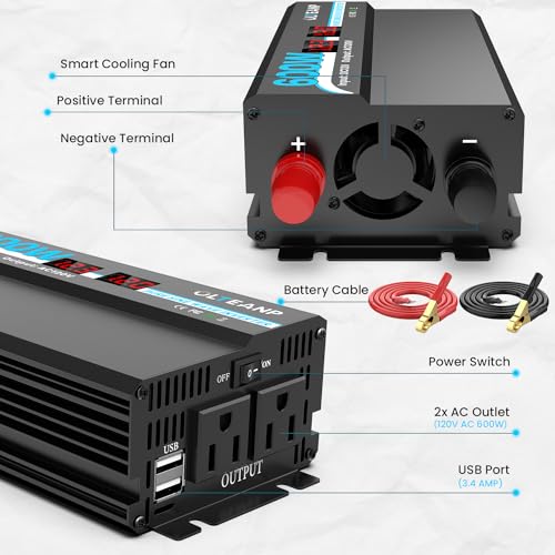 600W Pure Sine Wave Inverter 12V DC to 120V AC Converter for RV