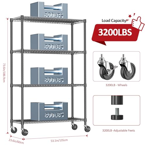 Garage Shelving Wide Storage Shelves 4 Tier Metal Shelves 3200 LBS Heavy Duty Adjustable Utility Shelf Rack Black 23.6" D x 53.1" W x 73.6" H (4 Count)