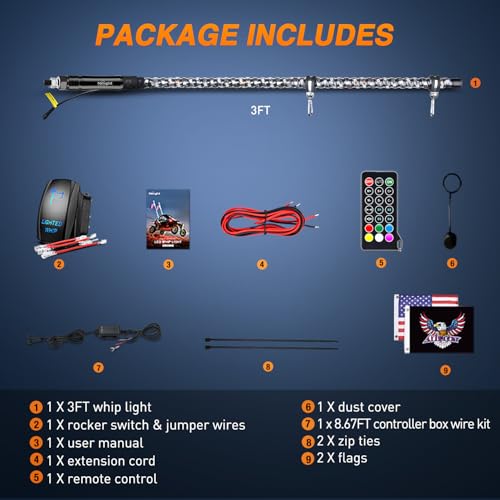 RGB LED Whip Light 1PC 3FT Lighted Antenna Whips