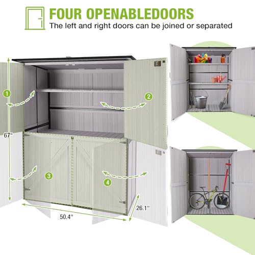 Outdoor Storage Cabinet Durable Metal Frame and Solid Wood Vertical Tool Shed with 3 Adjustable Height Shelves and Bottom Floor for Patio