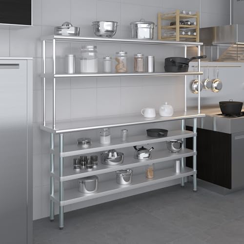14" x 72" Stainless Steel Work Table with 3 Shelves and 12" Wide Double Tier Overshelf