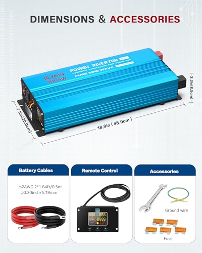 3000 Watt Inverter Pure Sine Wave DC 12V to 110V AC Power Inverters with 3 AC Charger Outlets