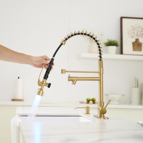 Commercial Kitchen Faucets with Pull Down Sprayer Brushed Gold LED