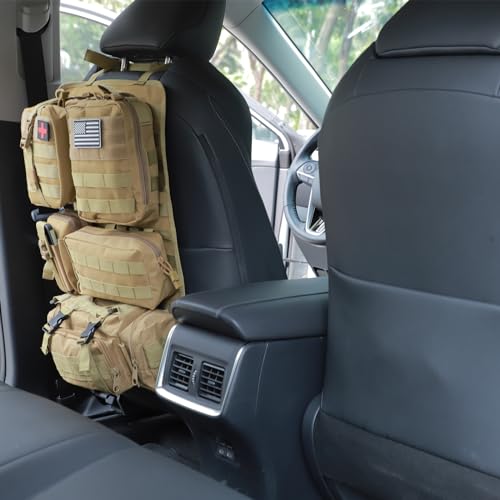 tactical car seat back organizer and storage truck seat covers with a Molle Vehicle Panel and 5 Different Size Molle Pouches for most models such as Jeep