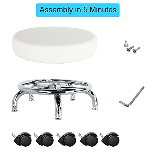 Modern Roller Seat PU Leather Low Round Rolling Stool 360° Swivel Small Seat with Universal Wheels Foot Stool for Home Office Garage Shop Fitness Sport H:8.6" (White)
