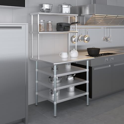 30" x 36" Stainless Steel Work Table with 3 Shelves and 12" Wide Double Tier Overshelf