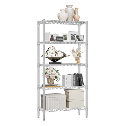 1250 lbs 5 Tier Shelf Metal Storage Shelves Wire Rack Closet Organizers for Garage Kitchen Bathroom Laundry White 11.8" D x 29.5" W x 59.5" H (5 Count)