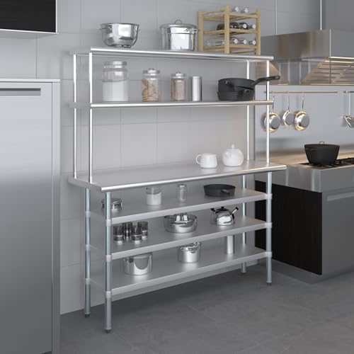 18" x 60" Stainless Steel Work Table with 3 Shelves and 12" Wide Double Tier Overshelf