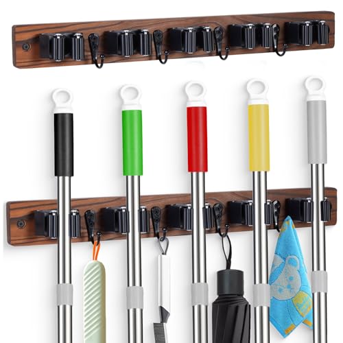 2 PACK Broom Holder Wall Mount With 5 Slots & 4 Hooks (2 Count)