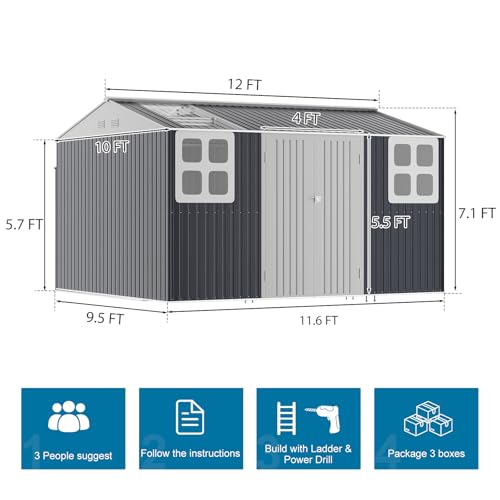 10x12 FT Metal Outdoor Storage Shed with Unique Sunroof Windows Lockable Double Door Air Vent