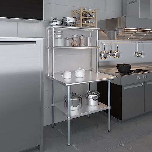 Stainless Steel Work Table Double Tier Overshelf 30" x 36" Work Table + 12" Overshelf
