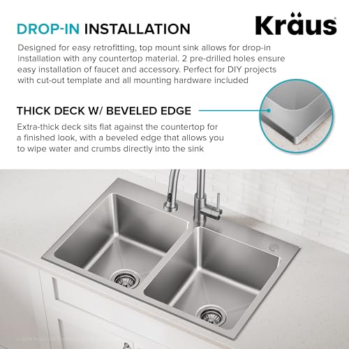 Stainless Steel 33 in Double Bowl Drop In Sink KHT632