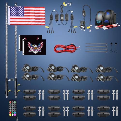 RGB LED Whip Light 2PCS 4FT with 8 Rock Lights Combo