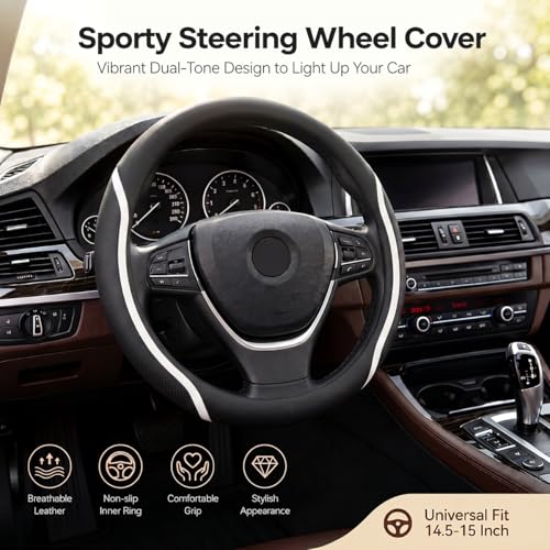 Steering Wheel Cover Black and White Leather Universal 14.5