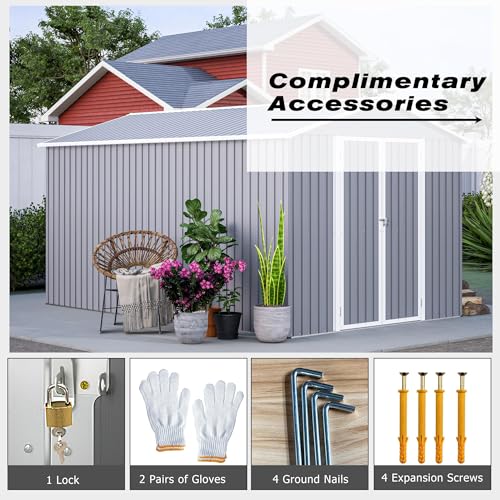 8x12 Ft Large Metal Outdoor Storage Shed with Floor Frame & Lock