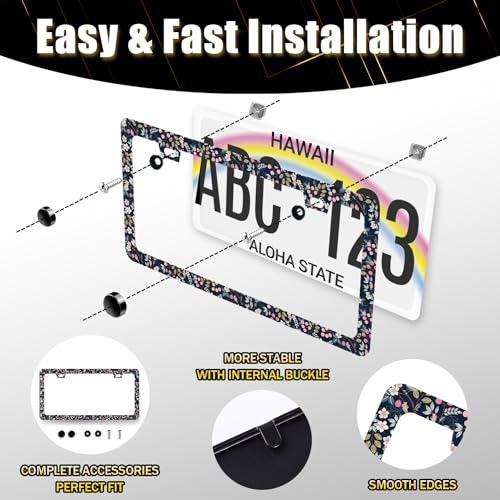 Stainless Steel Blue Art Floral Flower License Plate Frame 12.3 x 6.3 Inch