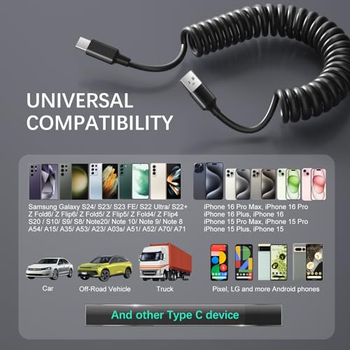 Coiled USB C Cable for Car (3 Count)