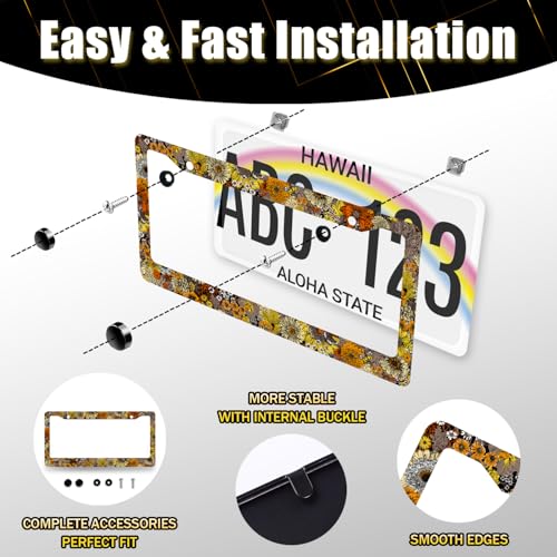 Stainless Steel Boho Retro Sunflower License Plate Frame 12.2 x 6.2 Inch