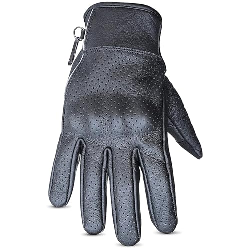 Leather Motorcycle Gloves for Men with reinforcements on Knuckles and Fingers 100% Perforated Calf Leather Riding Gloves with Magic Tape Wrist Closure