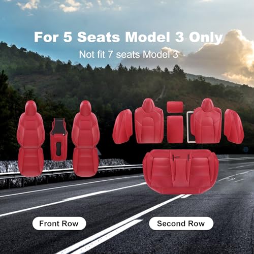 Tesla Model 3 Car Seat Covers Nappa Leather Car Interior Seat Airbag Compatible Cushion Cover Full Set Custom Fit 2023 2022 2021 2020 2019 2018 (10 Count)