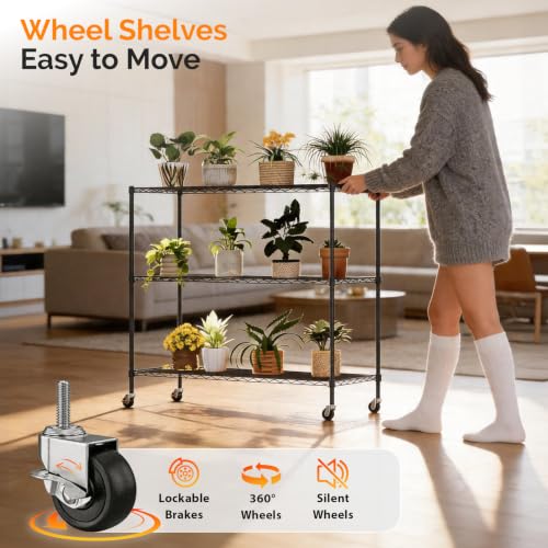3 Tier Metal Storage Shelves 41''H Wire Shelving with Wheels for Storage Adjustable Heavy Duty Garage Shelving Storage Racks for Pantry Shelves Kitchen Office Garage