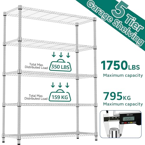 1750LBS 47.2" W 5 Tiers Shelf Steel Storage Shelves Metal Shelving Unit Steel Organizer Wire Rack for Home