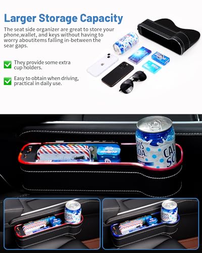 LED Car Seat Gap Filler Organizer Console Side Storage Box Between Seats with Cup Holders RGB Color Changing Storage Front Seat Gap Filler with USB Charging Car Interior Accessories (2 Count)