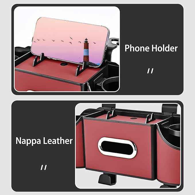 Back Seat Car Organizer,4 in 1 Multifunctional Car Back Seat Storage Box with Drink Cup Holder Tissue Box, for Hold Phone,Snacks, Drinks, Handbag-Red