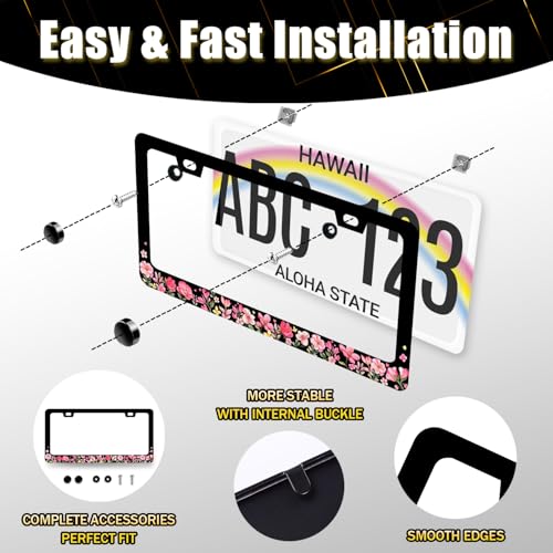 Pink Floral License Plate Frame Colorful Flower License Holder with 2 Holes