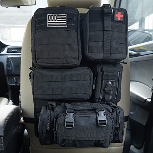 Universal Tactical Car Seat Back Organizer Bag Tactical Molle Vehicle Organizers Panel Vehicle Protector Organizers with 5 Detachable Pouches for Car Truck Ford Jeep