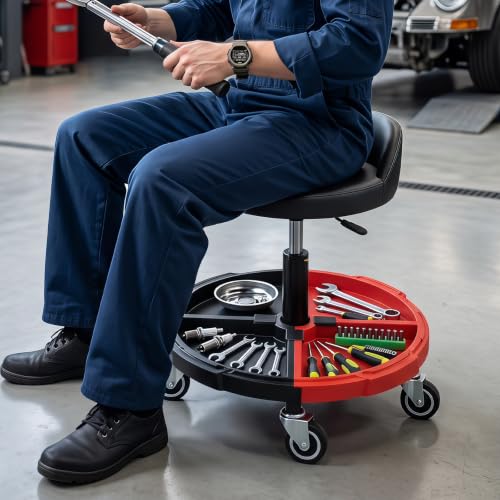 360° Rolling Mechanic Stool with Tool Storage Tray