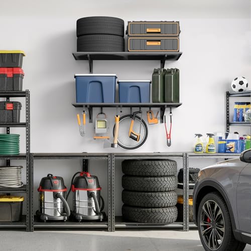 2 Pack Garage Shelving Wall Mounted with 8 Hooks (2 Count)