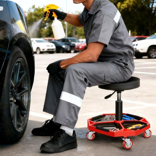 TOOLS 00253 Adjustable Height Pneumatic Garage Seat Rolling Mechanic Stool with Tool Tray Storage
