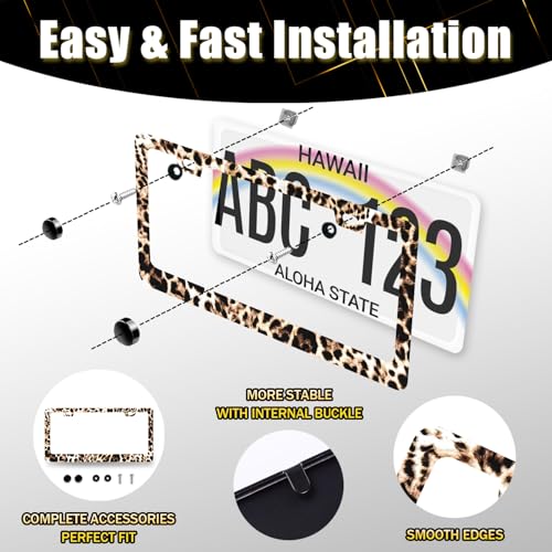 Stainless Steel Animal Brown Leopard License Plate Frame 12.2 x 6.2 Inch