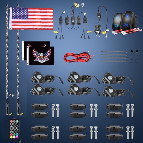 RGB LED Whip Light 2PCS 4FT with 6 Rock Lights Combo