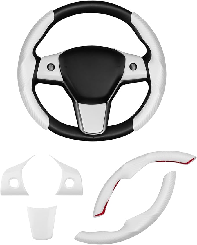 Steering Wheel Cover for 2016-2023 Telsa Model 3/2020-2024 Model Y Accessories Carbon Fiber Steering Wheel Cover Protector Anti-Slip, Comfortable, Breathable, Model 3/Y Accessories, White 5PCS