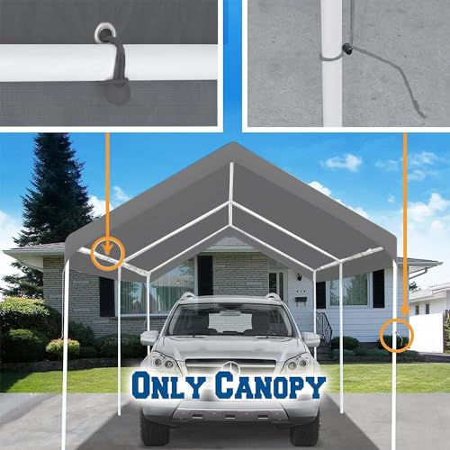 10' x 20' Upgraded Carport Replacement Canopy Cover Grey for Car Garage Shelter Party Tent Top Tarp with Ball Bungees