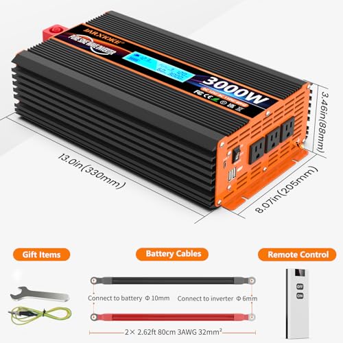 3000 Watt Pure Sine Wave Power Inverter 12V DC to 110V 120V Converter for Family RV Off Grid Solar System Car with Type