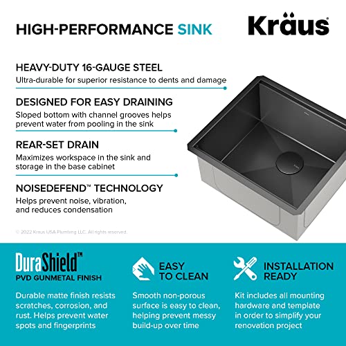Kore 21 Inch Undermount Workstation 16 Gauge Stainless Steel Single Bowl Kitchen Sink n PVD Gunmetal Finish with Accessories