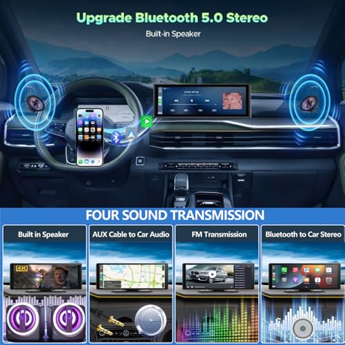 Wireless Carplay Screen for Car 10.26" 4K 360 Rotation Dash Cam Carplay&Android Auto Car Stereo 1080p Backup Camera GPS Navigation