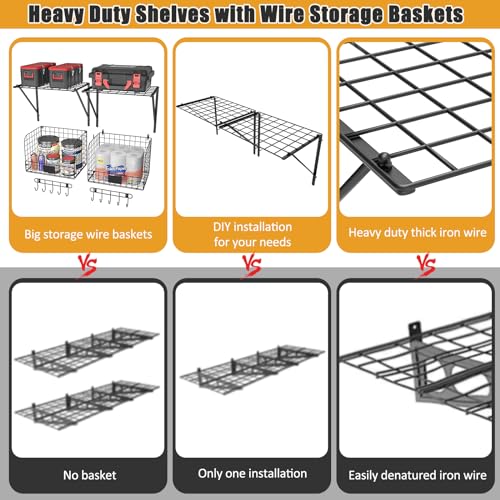 2 Pack Garage Shelves Wall Mounted with Wire Baskets (2 Count)
