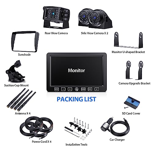 Wireless Backup Camera with 7 Inch DVR Quad Split Monitor for RV Trailer Truck