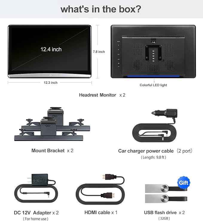12.4" Android 4K Car TV Headrest Monitor Tablet for Back seat, Support Phone Wireless Connection Mirror Link Touchscreen Monitors,with WiFi/Bluetooth/HDMI/USB/SD/Airplay Video Player(2*pcs)